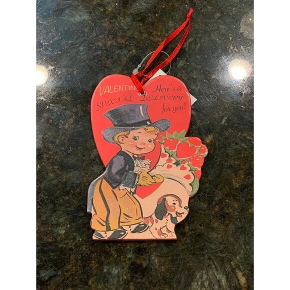 Valentines Day Boy Top Hat Puppy Card Ornament Vintage Inspired Retro Holiday - Picture 3 of 3